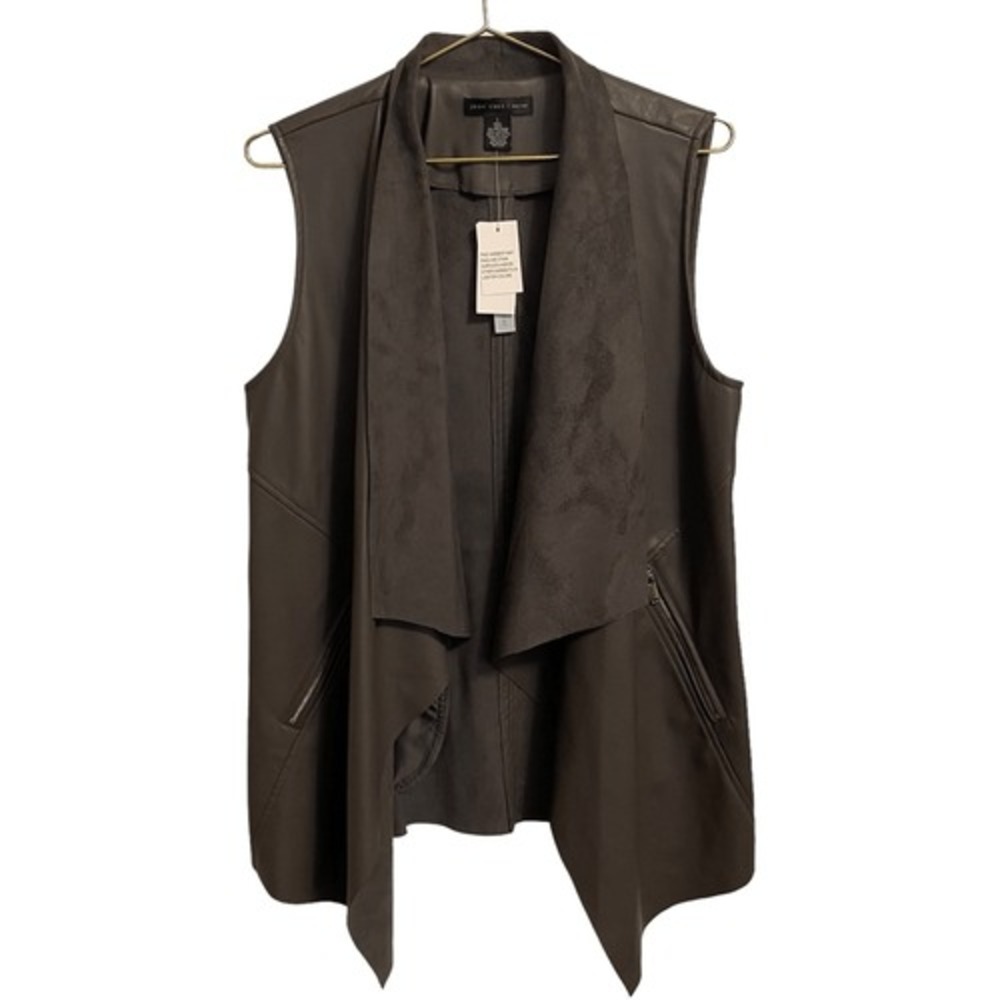 Joan Vass New York Faux Leather Draped Open Front Vest Taupe Brown Large NWT